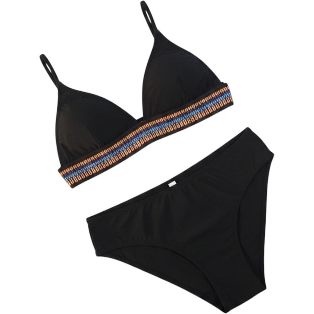 Women's Black Triangle Bikini Top & High Waist Bottom Tribal Trim Set Halter M L